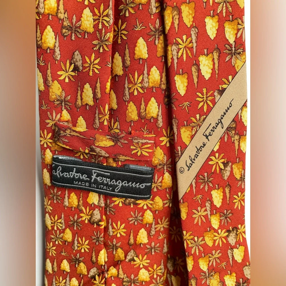 Salvatore Ferragamo 100% Silk Tie Made in Italy Autumn Fall Tuscan Trees